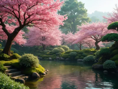 Serene Japanese Garden With Blooming Cherry Blossom Trees
