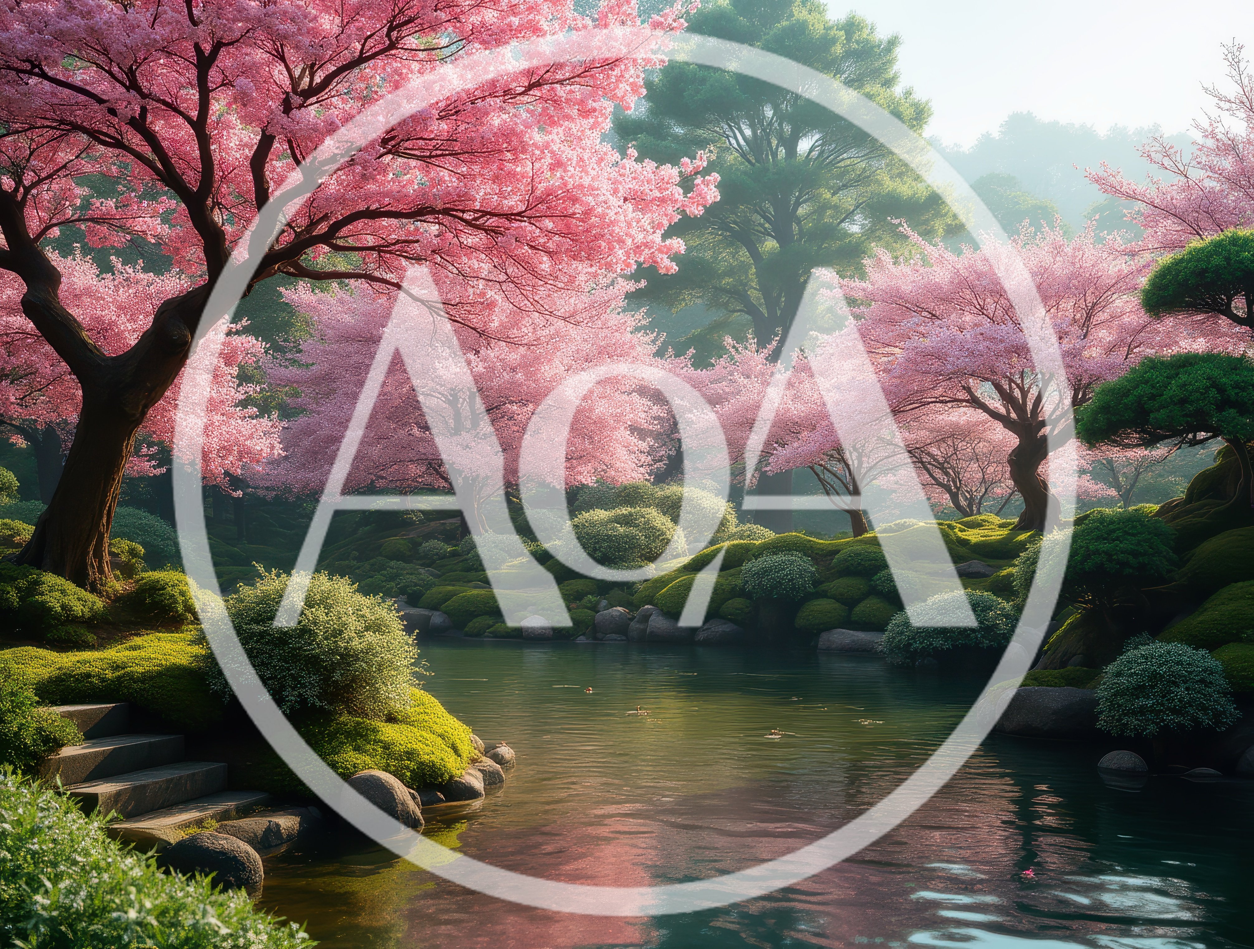 Serene Japanese Garden With Blooming Cherry Blossom Trees