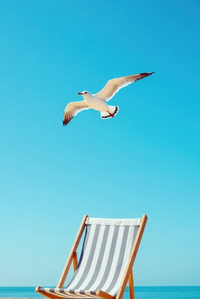 Seagull Flying Above A Striped Beach Chair