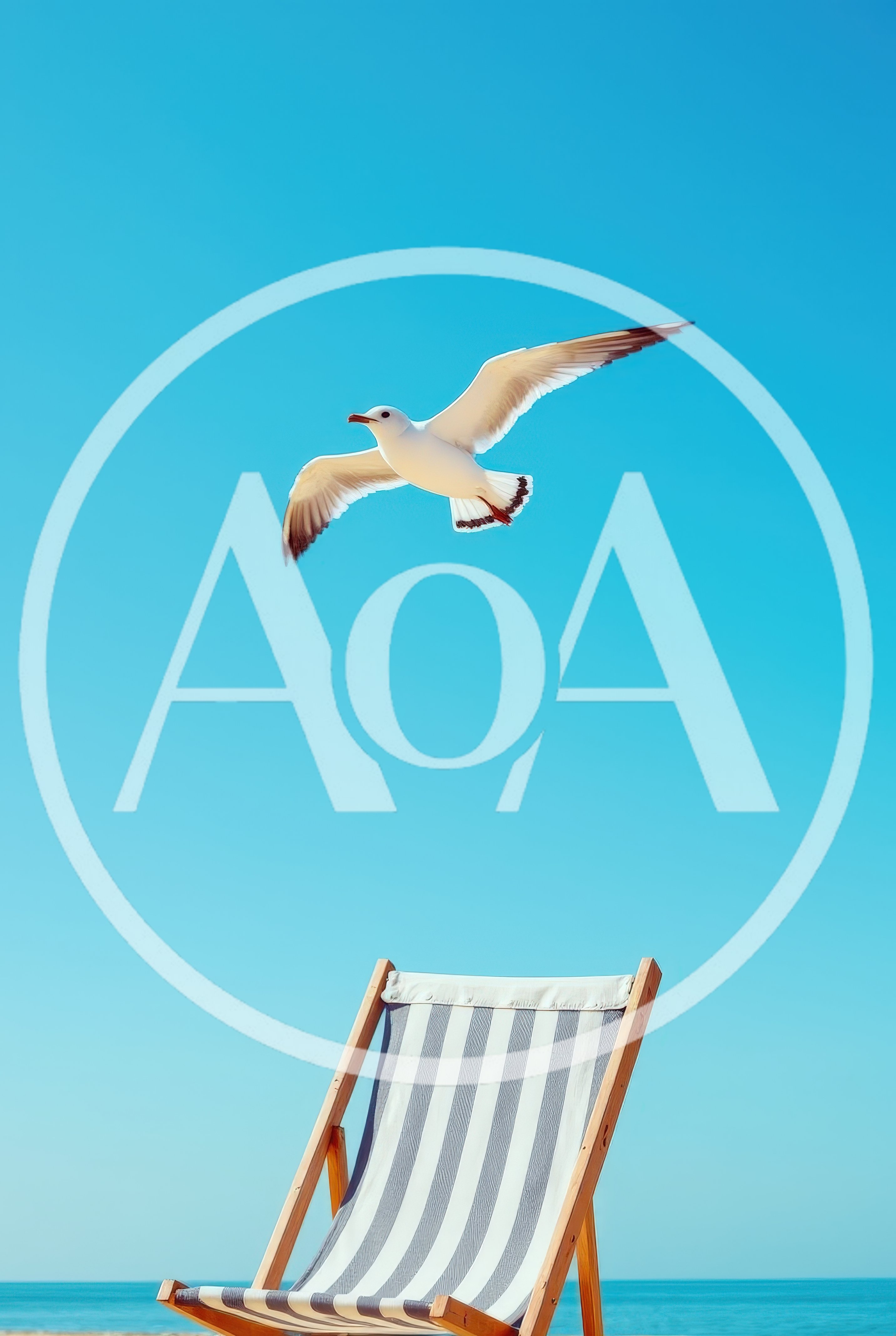 Seagull Flying Above A Striped Beach Chair