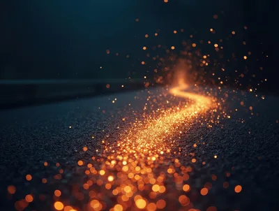 Glowing Golden Sparks Trailing Along Dark Asphalt Road