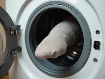 Single Beige Sock Inside A Front Loading Washing Machine
