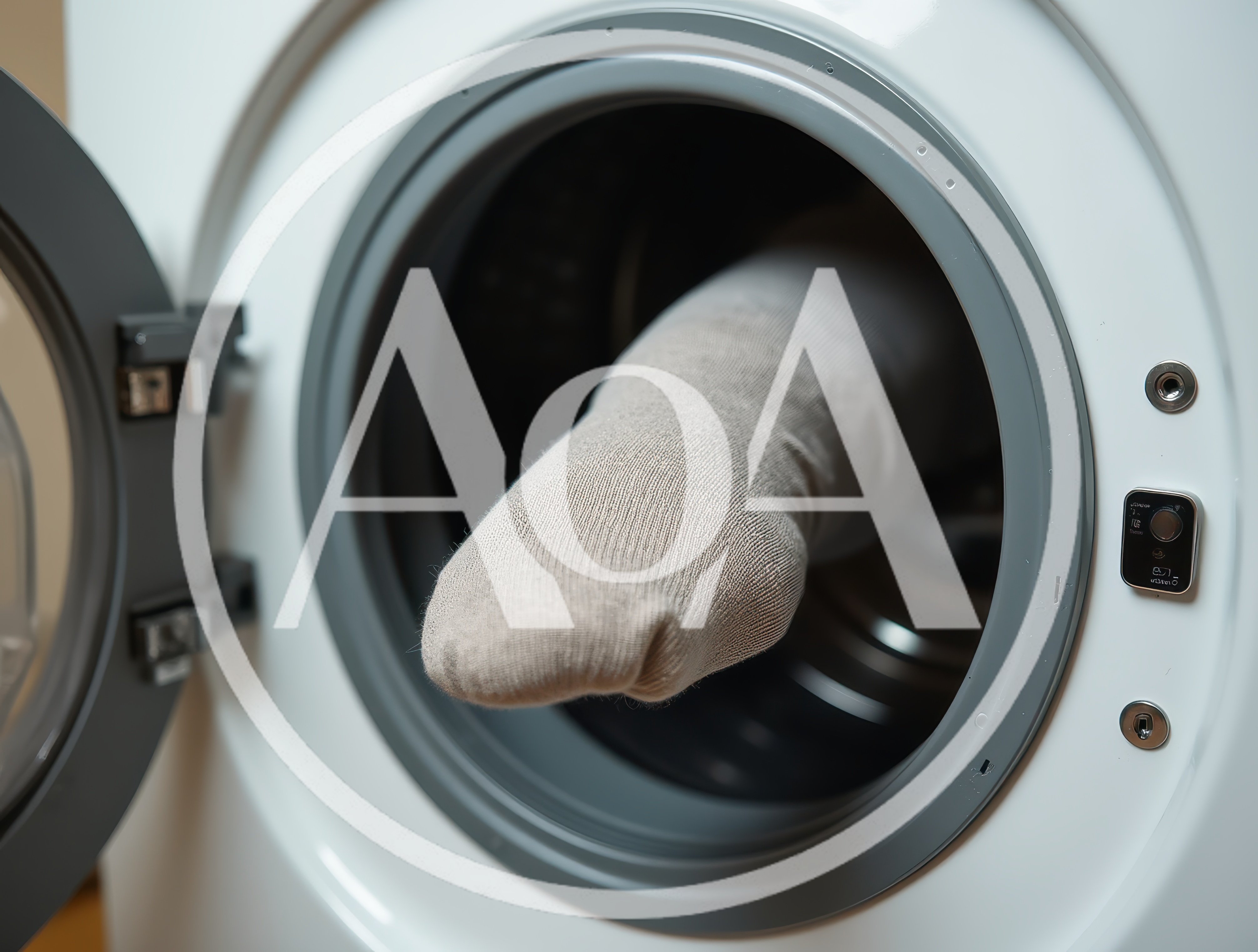Single Beige Sock Inside A Front Loading Washing Machine