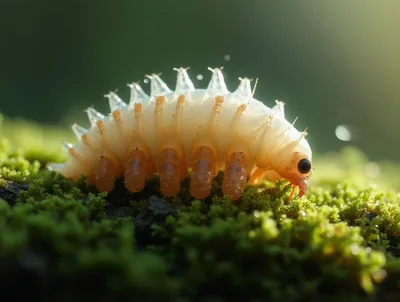 Macro Close Up Of A Translucent Larva On Moss