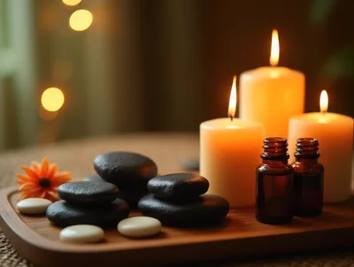 Spa Treatment Setup With Candles And Massage Stones