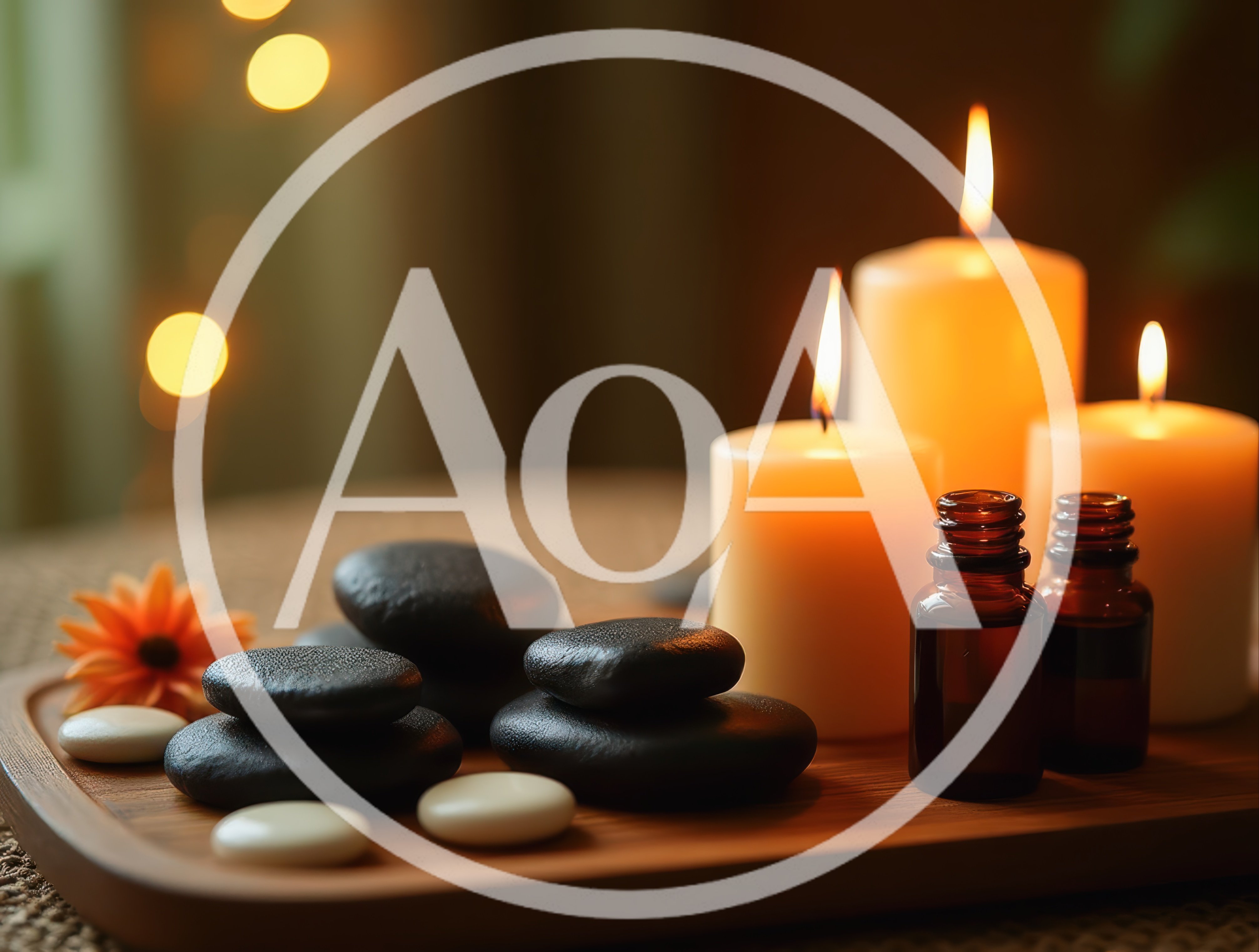 Spa Treatment Setup With Candles And Massage Stones