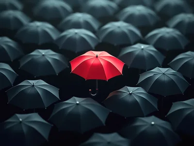 Single Red Umbrella Standing Out Among Black Umbrellas