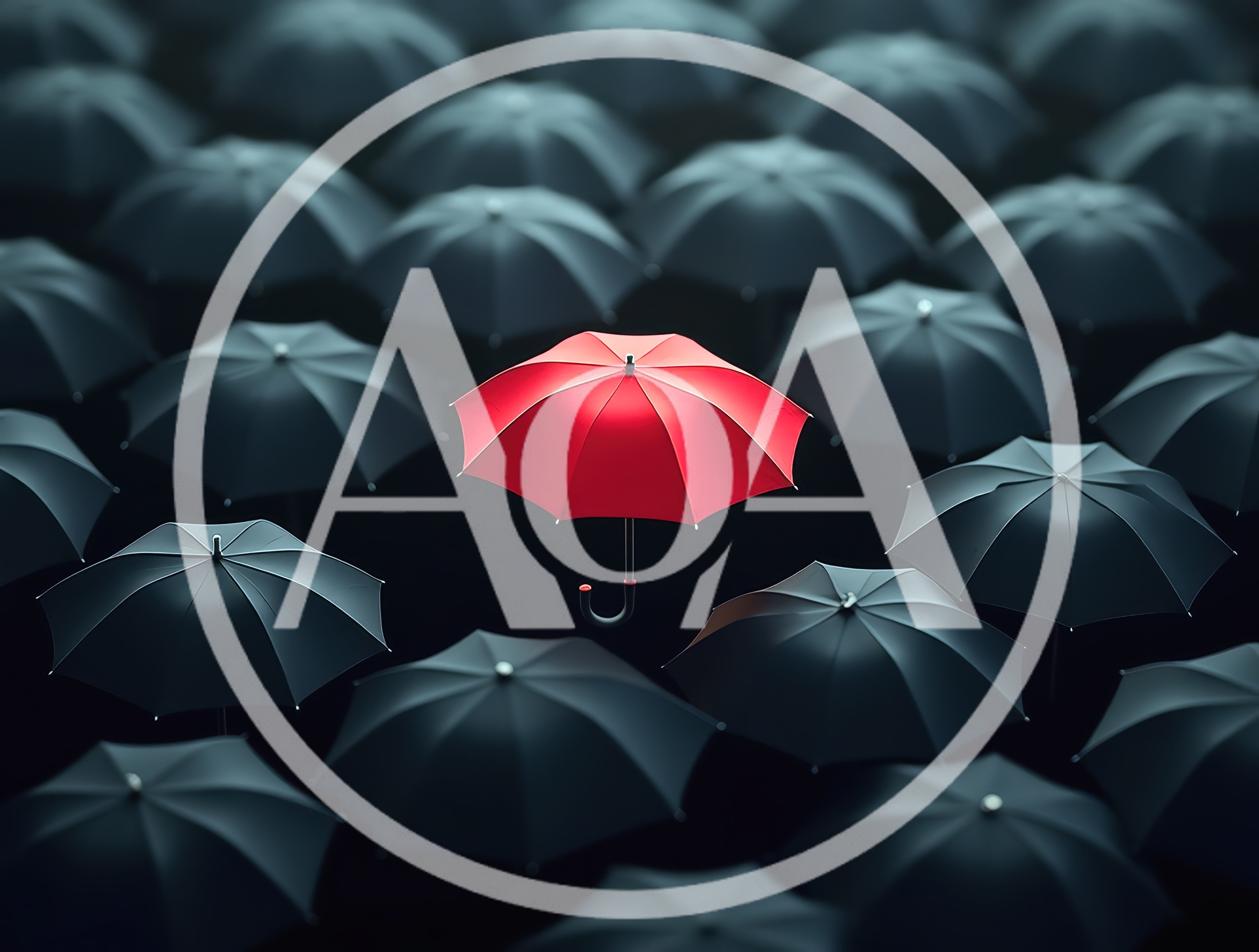 Single Red Umbrella Standing Out Among Black Umbrellas
