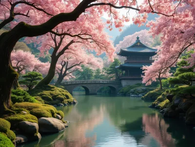 Traditional Japanese Temple Garden With Cherry Blossoms