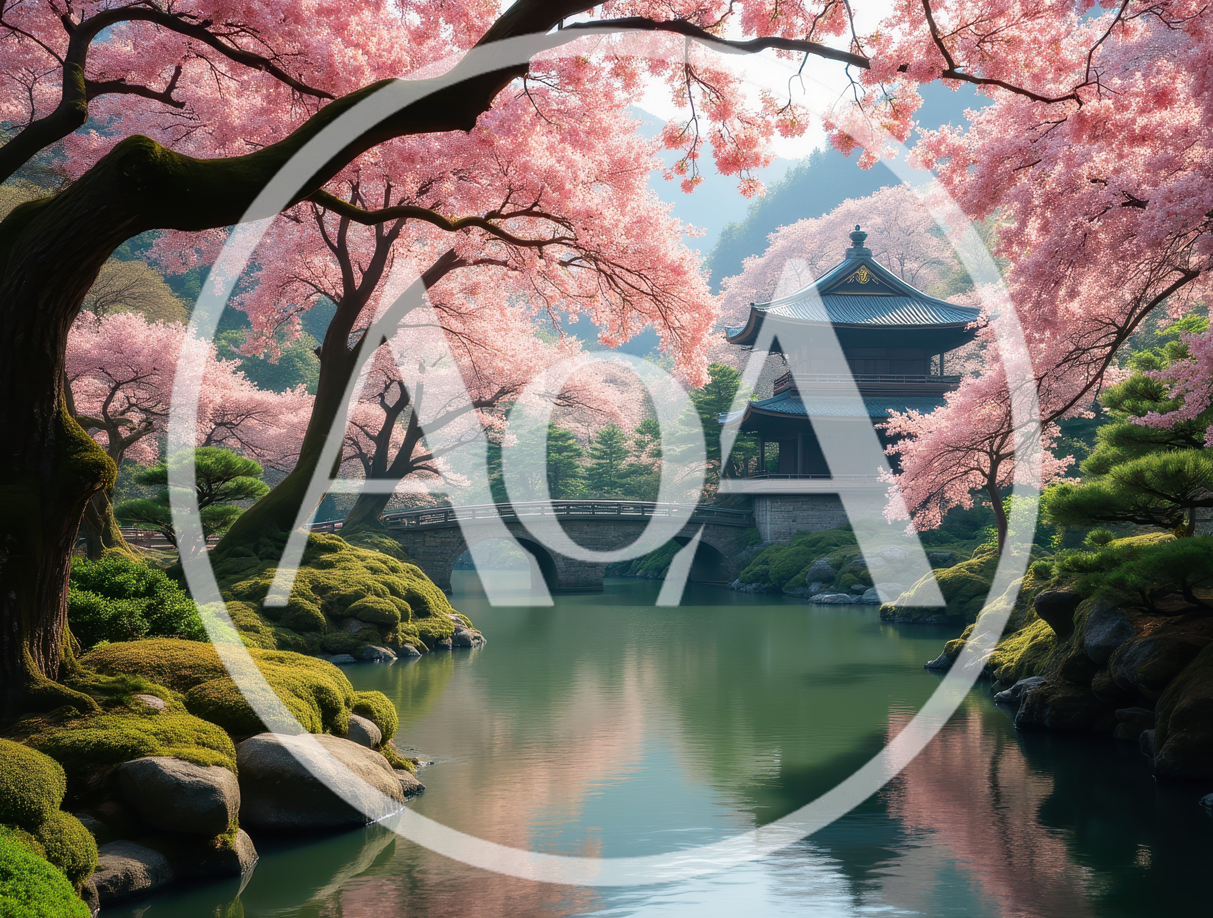 Traditional Japanese Temple Garden With Cherry Blossoms
