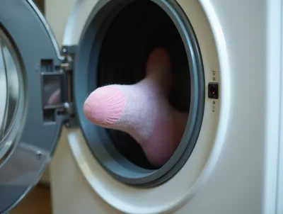 Foot Wearing Pink Sock Inside Washing Machine Drum