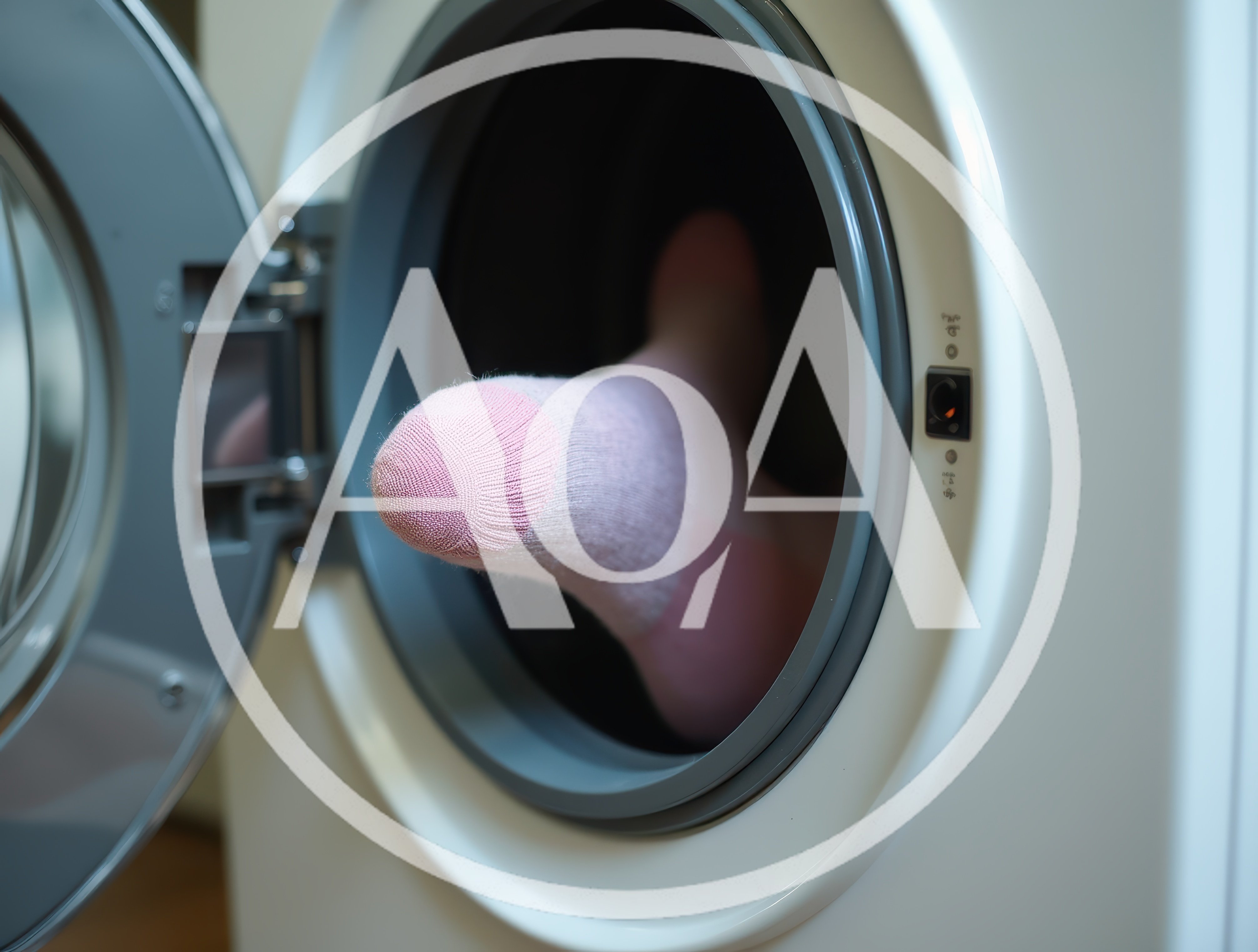 Foot Wearing Pink Sock Inside Washing Machine Drum