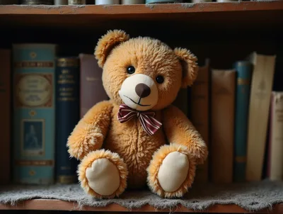 Cute Teddy Bear Sitting on a Dusty Bookshelf