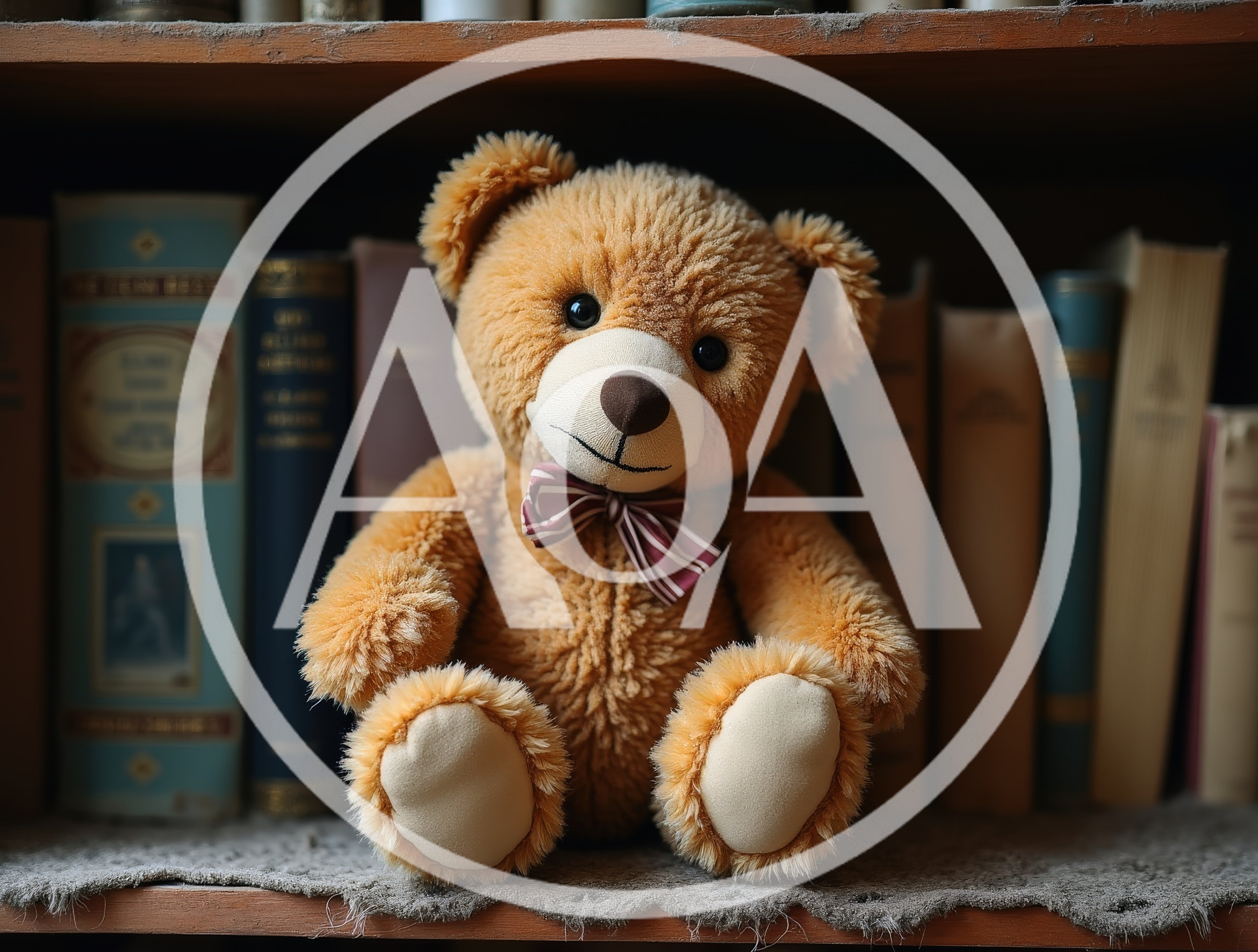 Cute Teddy Bear Sitting on a Dusty Bookshelf