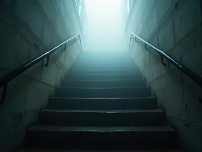Staircase Leading Upwards Into Bright Foggy Light