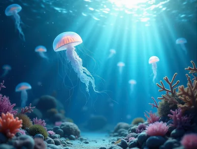 Bioluminescent Jellyfish Swimming Over A Vibrant Coral Reef