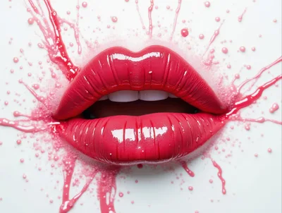 Glossy Red Lips With Pink Paint Splatter