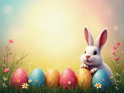Cute White Easter Bunny With Decorated Eggs