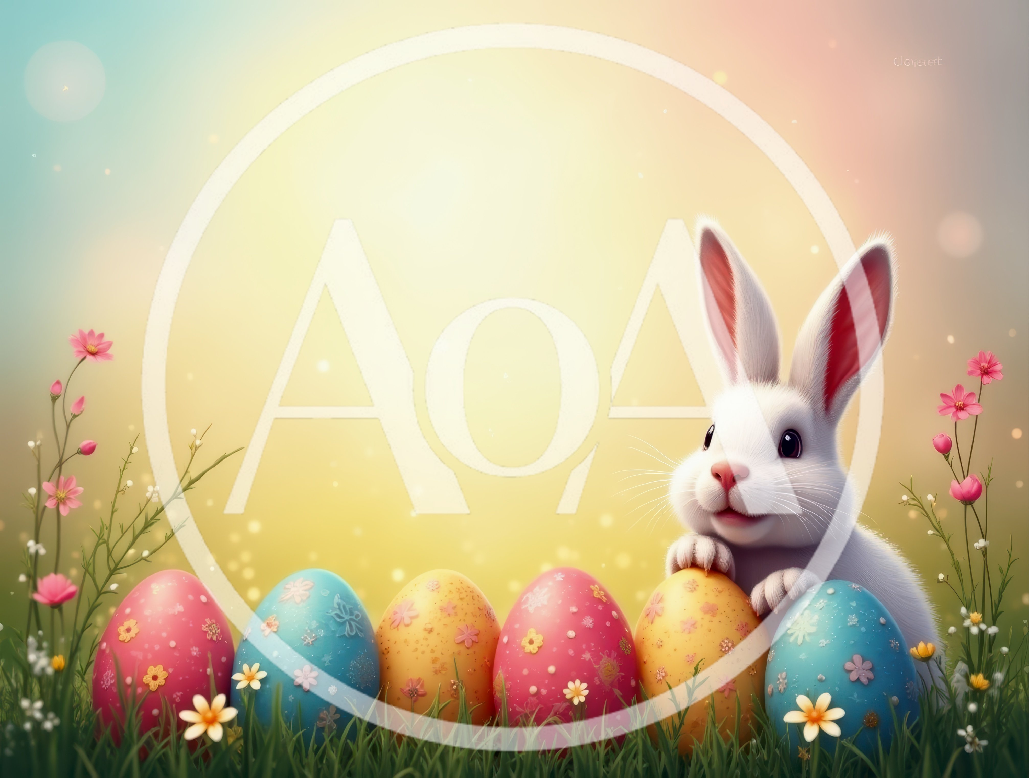 Cute White Easter Bunny With Decorated Eggs