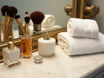 Luxury Bathroom Vanity With Skincare Products And Towels