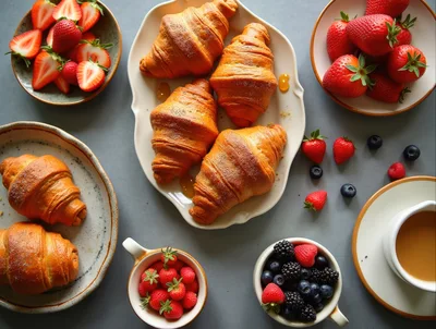 Breakfast Spread With Fresh Croissants And Berries