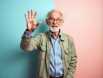 Elderly Man Waving Hello Against Split Color Background