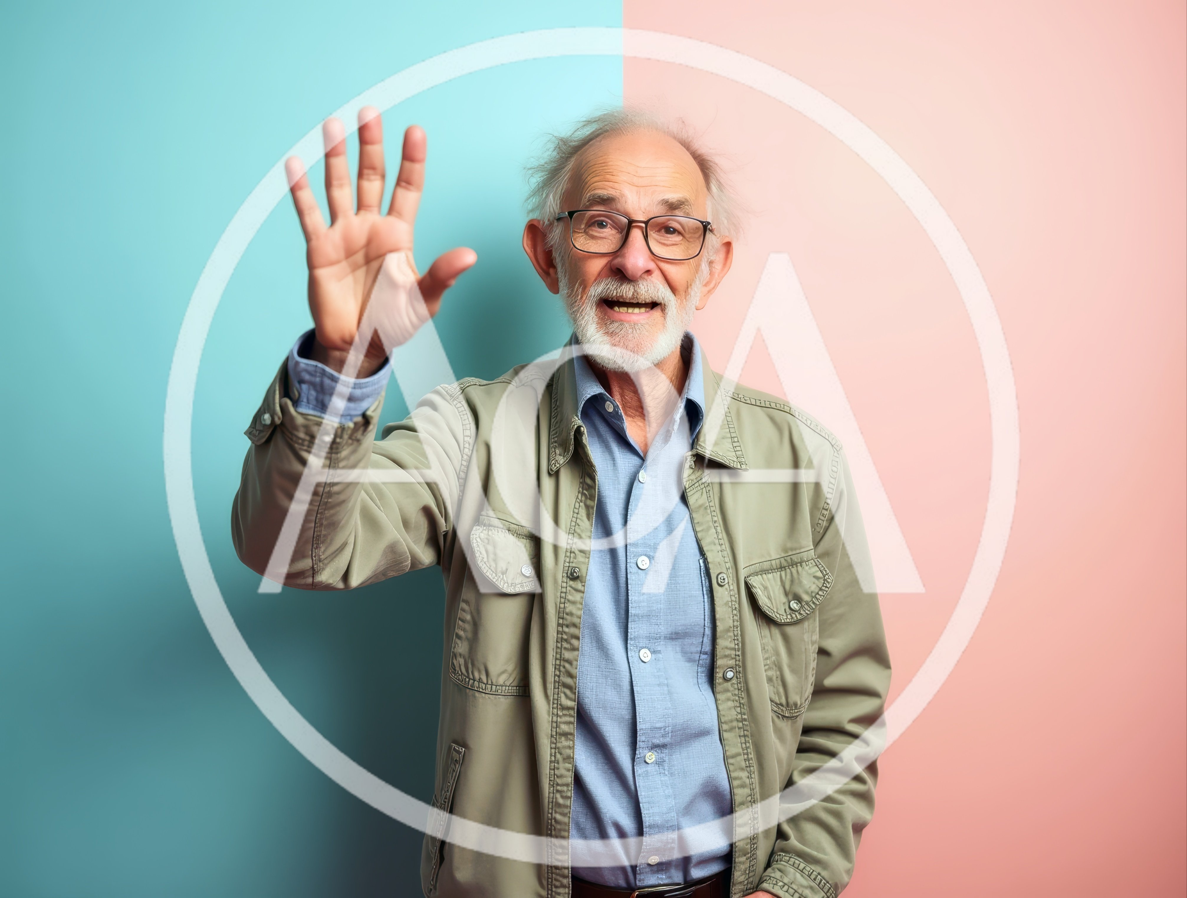 Elderly Man Waving Hello Against Split Color Background