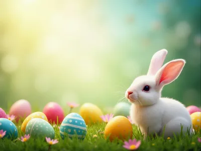 Cute White Easter Bunny Sitting Among Colorful Eggs