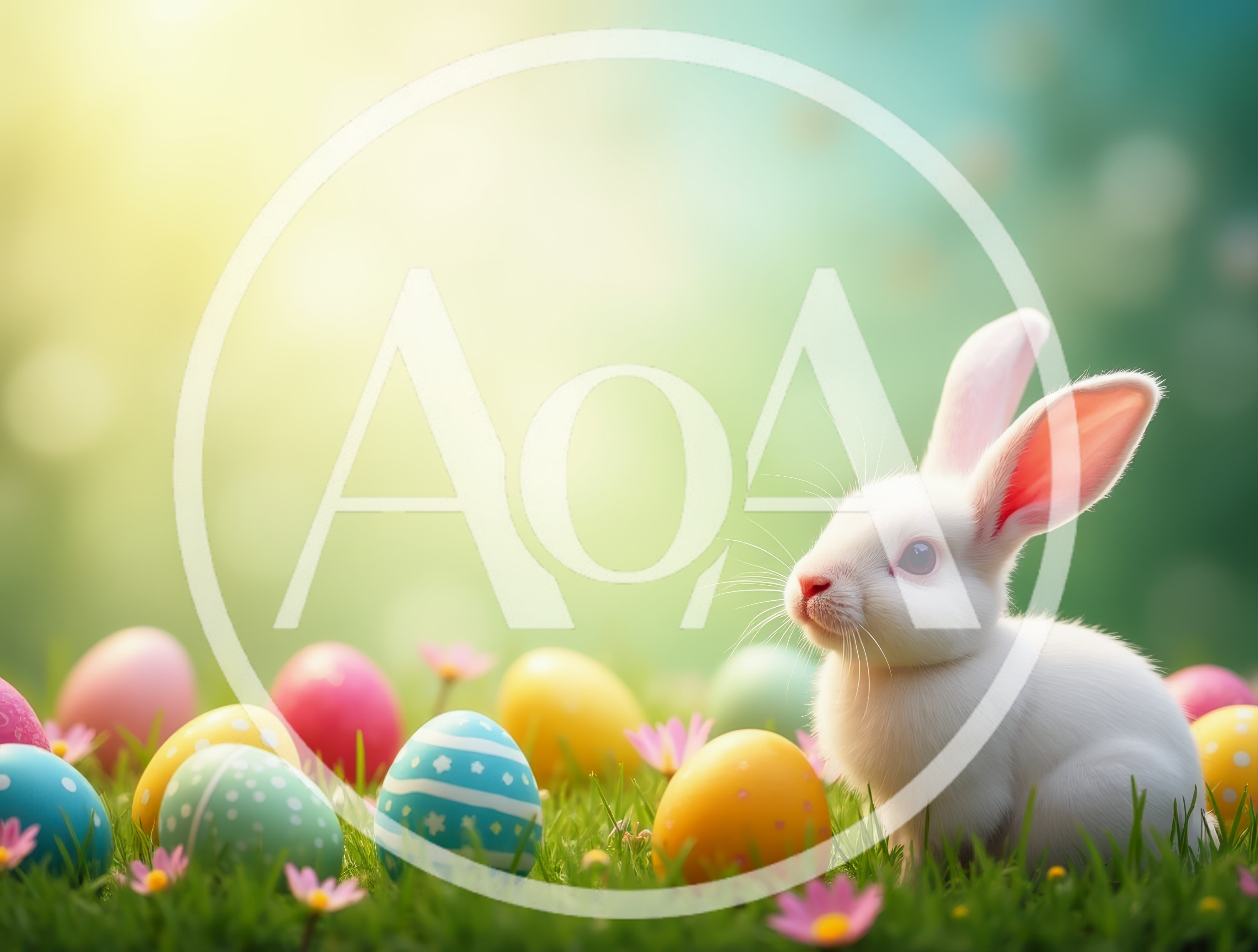 Cute White Easter Bunny Sitting Among Colorful Eggs