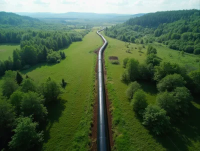 Aerial View Of A Long Oil Pipeline Through Green Valley