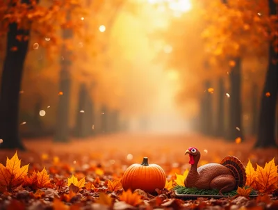 Thanksgiving Turkey And Pumpkin In Autumn Forest