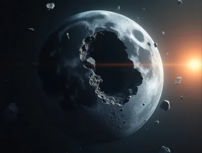Damaged Moon With Crater Floating In Deep Space