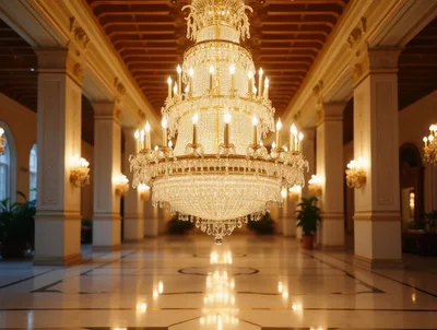 Grand Crystal Chandelier in Luxurious Hotel Lobby