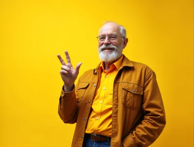 Senior Man Gesturing Number Three Against Yellow Background
