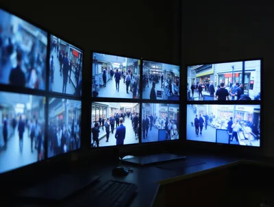 Security Surveillance Monitors Displaying Crowded Shopping Mall Footage