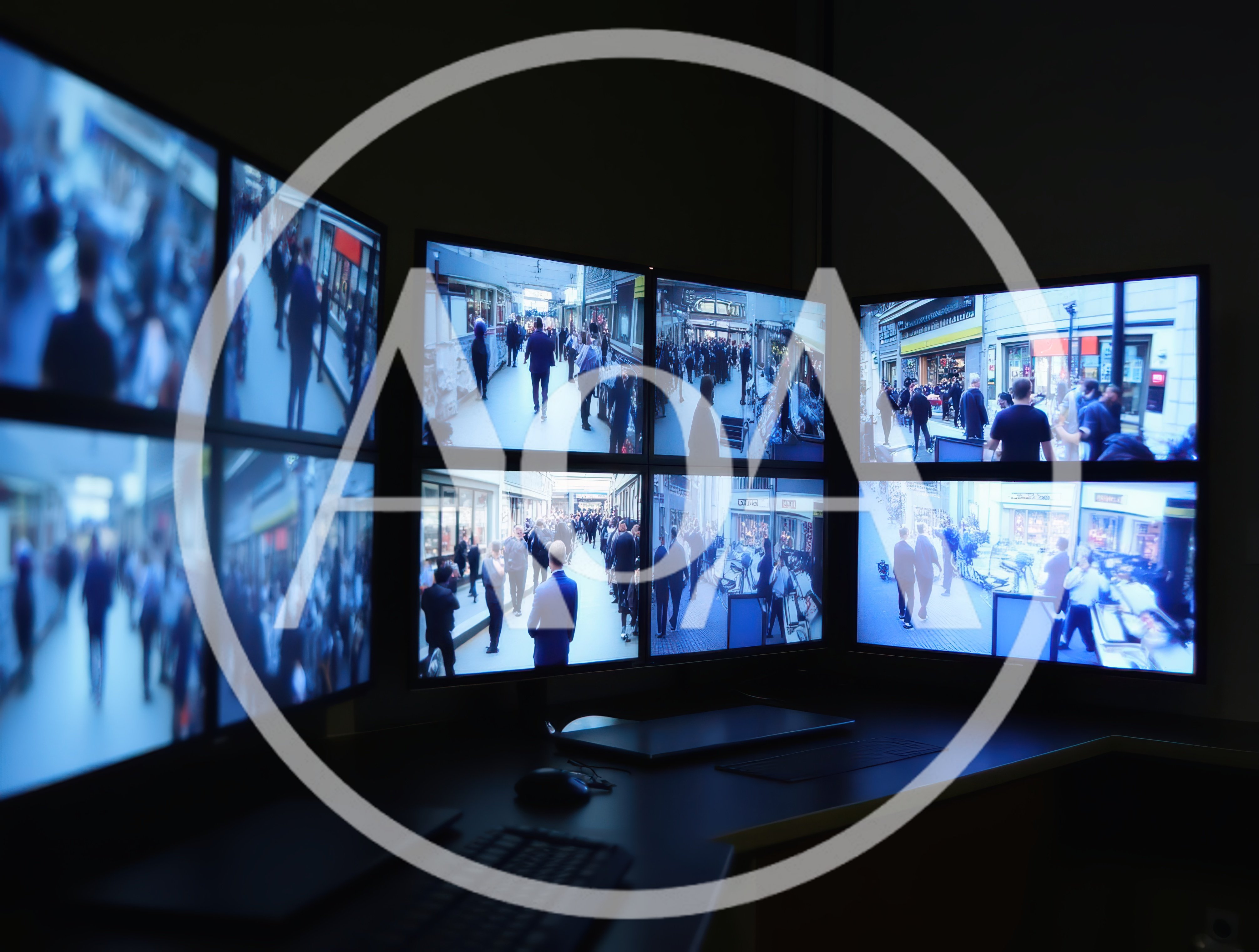 Security Surveillance Monitors Displaying Crowded Shopping Mall Footage
