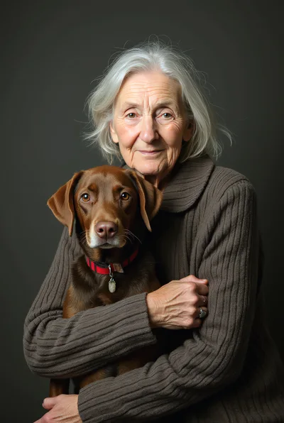 Elderly Woman Embracing Her Brown Labrador Retriever Dog