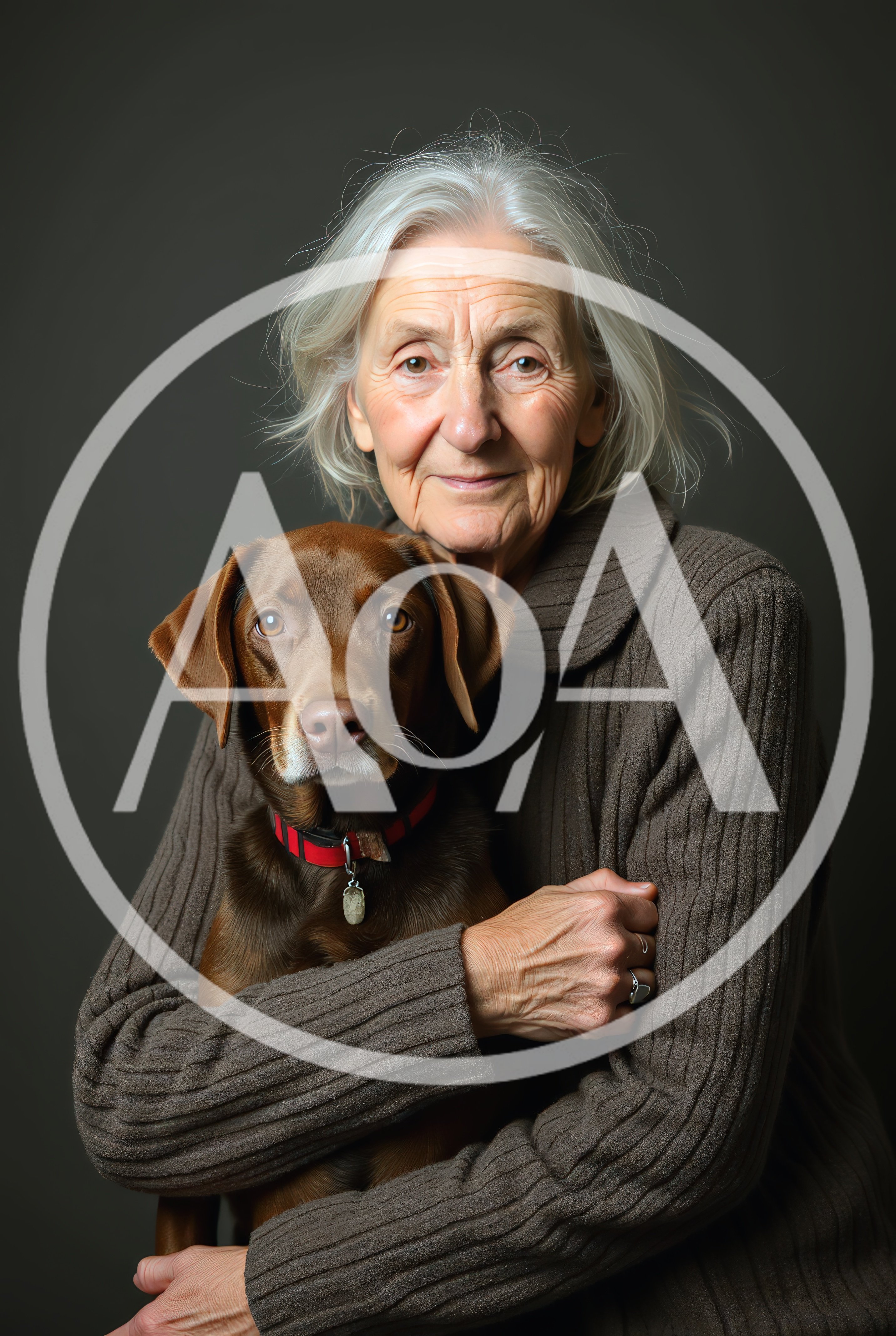 Elderly Woman Embracing Her Brown Labrador Retriever Dog