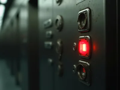 Illuminated Red Emergency Button On Industrial Control Panel