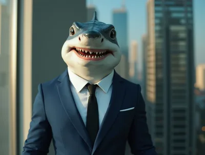 Anthropomorphic Shark Businessman Standing In Modern Office