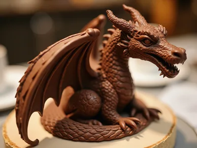 Intricate Chocolate Dragon Sculpture On Wooden Base