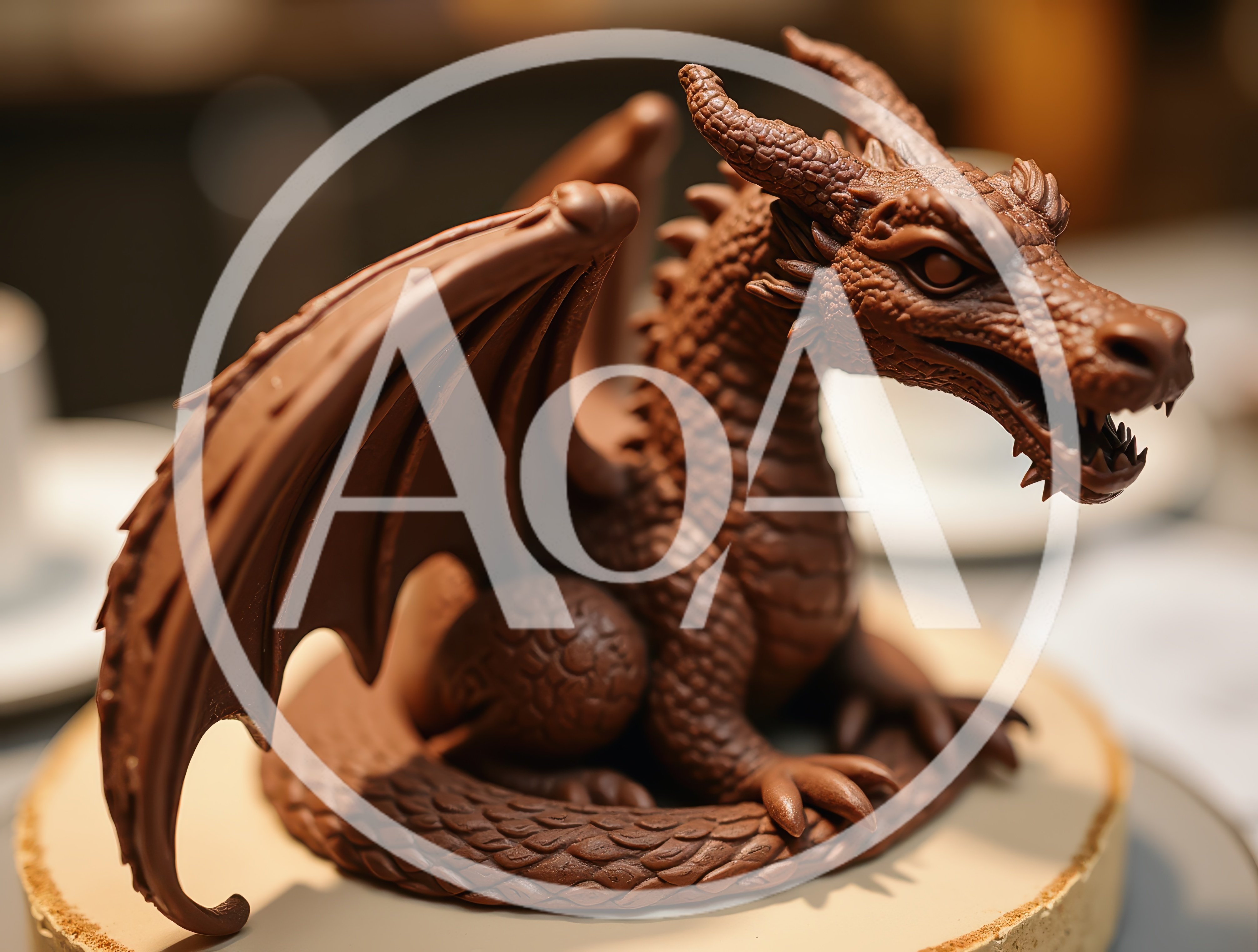 Intricate Chocolate Dragon Sculpture On Wooden Base
