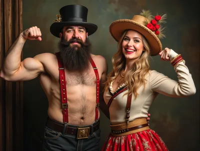 Strongman And Woman In Vintage Western Costumes