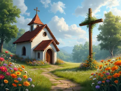 Small Chapel With Wooden Cross In A Flower Meadow