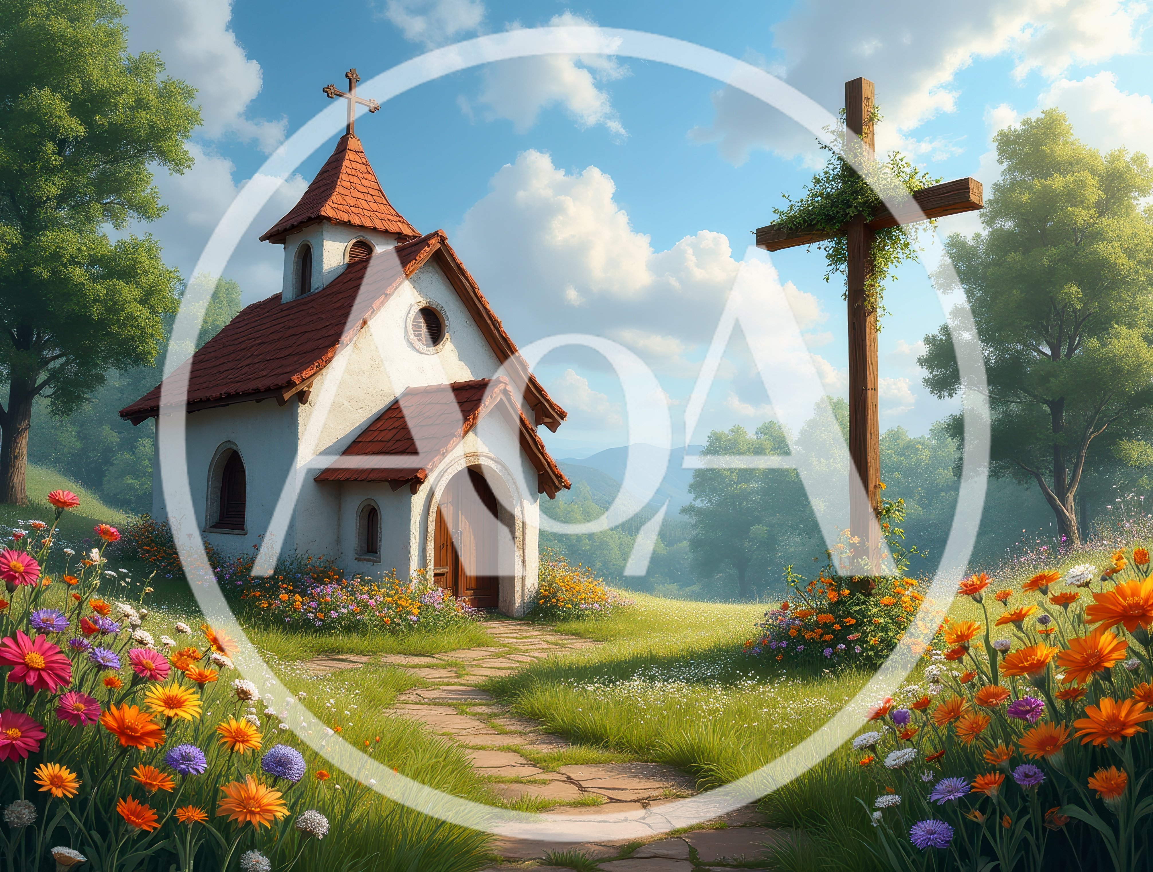 Small Chapel With Wooden Cross In A Flower Meadow