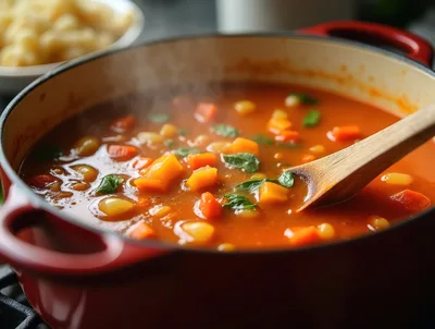 Vegetable Soup Simmering in a Red Dutch Oven