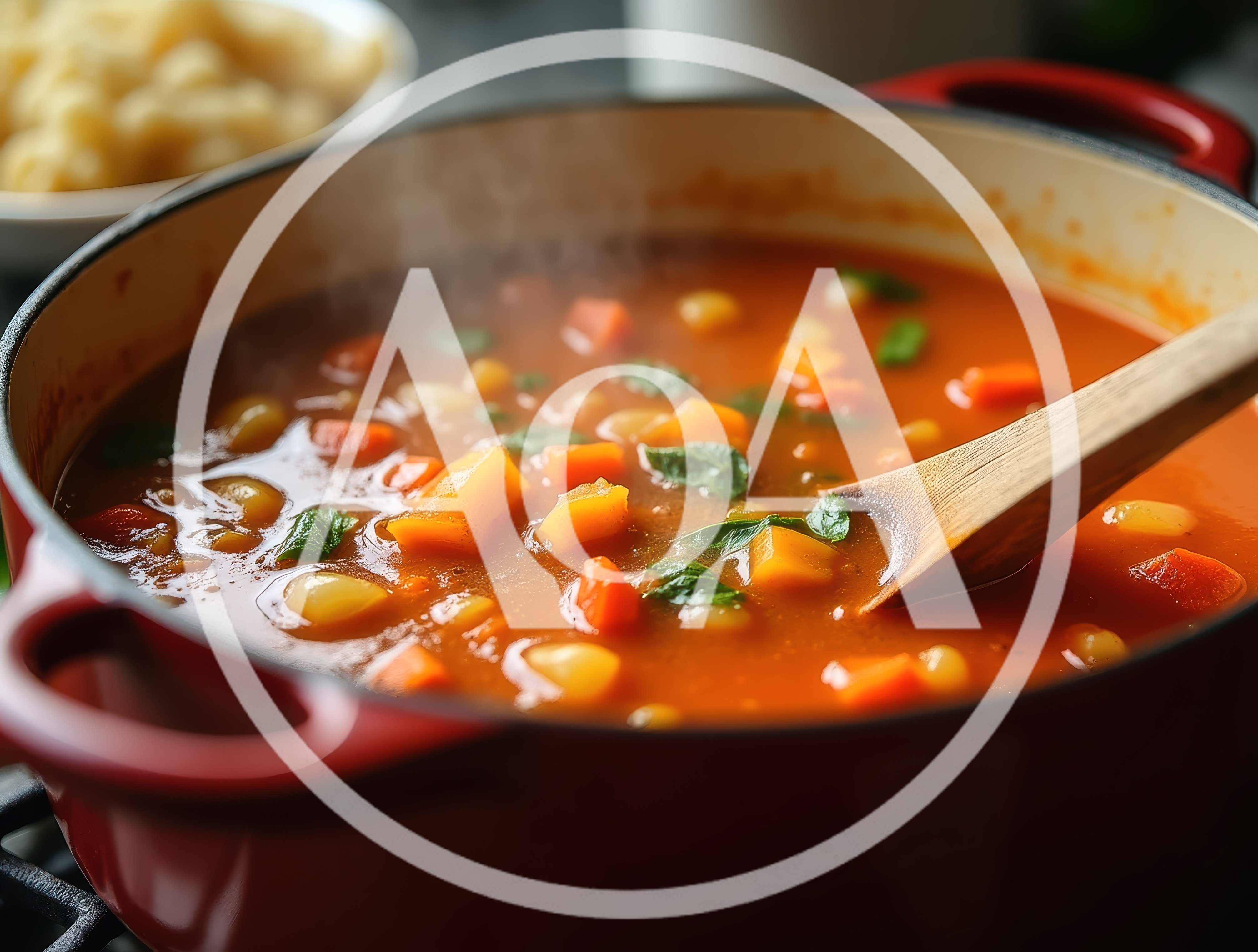 Vegetable Soup Simmering in a Red Dutch Oven