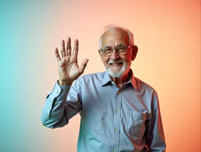 Senior Man Waving Hello Against Colorful Background