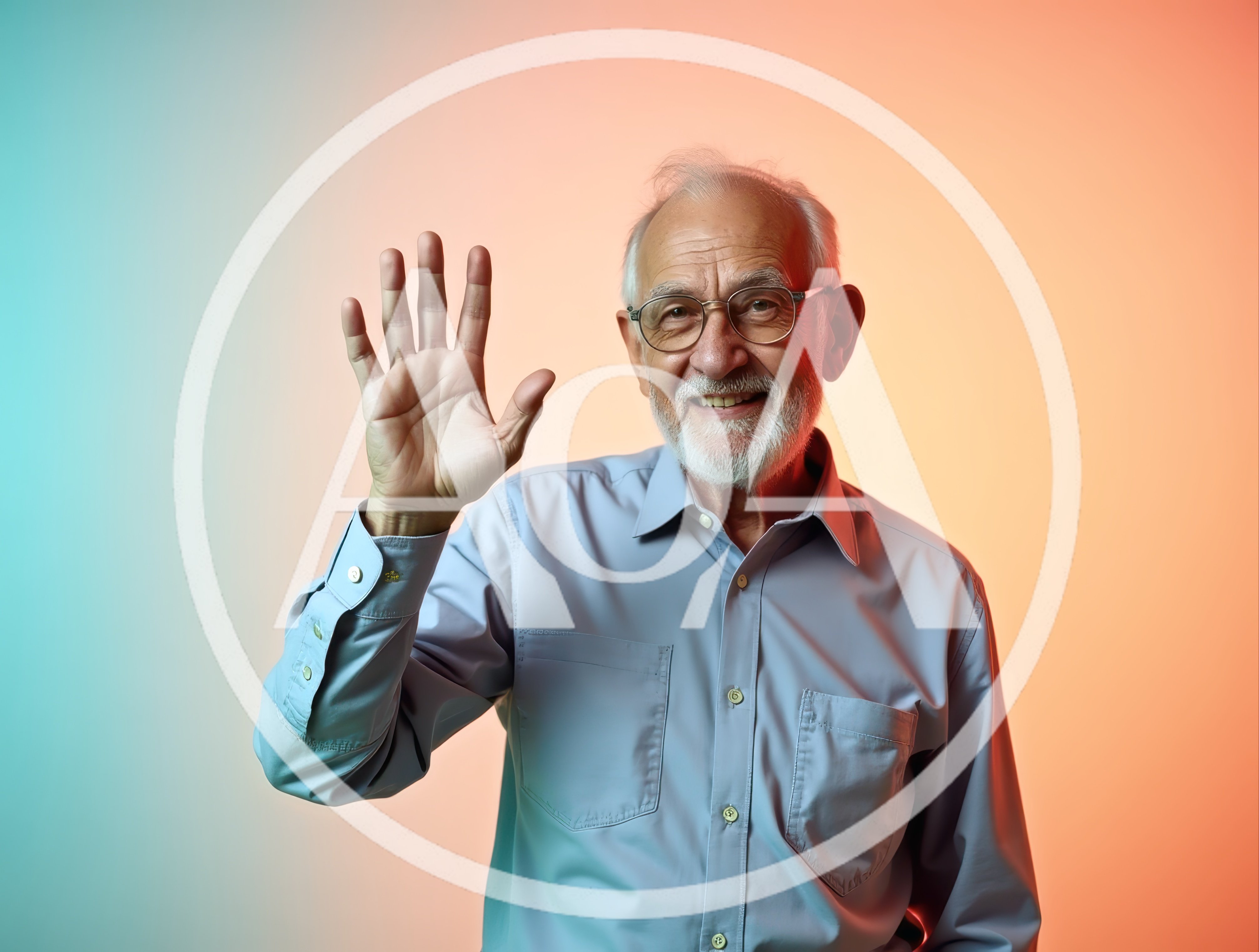 Senior Man Waving Hello Against Colorful Background