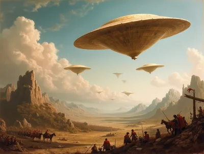 Ancient Army Observing Alien Spacecraft Over Mountain Valley